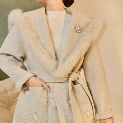 高端复古狐狸毛领双面呢羊毛大衣