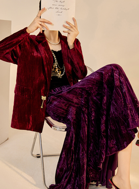 新中式气质复古丝绒西装外套高腰百搭设计感大摆半身裙套装 N9056
