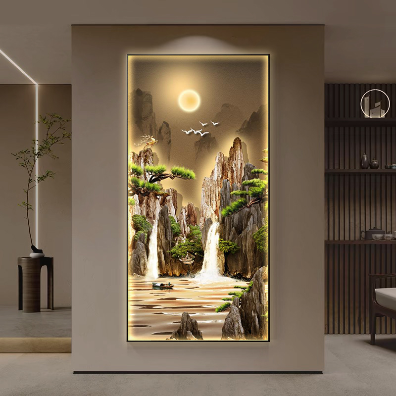 LED灯流水生财入户对门玄关装饰画 画带灯山水壁画 画客厅挂画 画