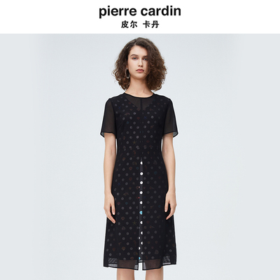 皮尔卡丹女装夏季新款圆领印花收腰开叉假两件连衣裙P4215D4009B0