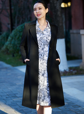 皮尔卡丹女装春季新款黑色中长款风衣通勤保暖外套P51045G5011B0