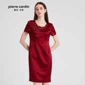 皮尔卡丹女装 2020酒红色短袖 时尚 连衣裙中长款 一步裙