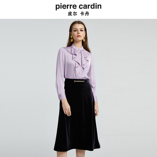商场同款皮尔卡丹女装紫色花边立领休闲通勤长袖衬衫P4328B4987Z0