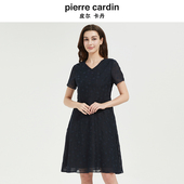 皮尔卡丹女装 法式 V领连衣裙 通勤收腰短袖 女士裙子商场正品