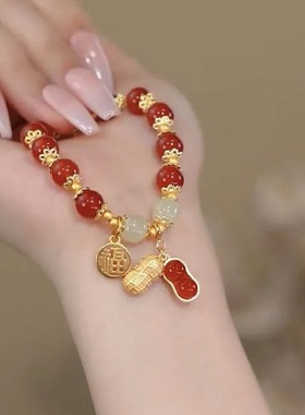 极速现货好事花生仿红玛匘手錬女ins小I众设计时尚国风福牌手串闺