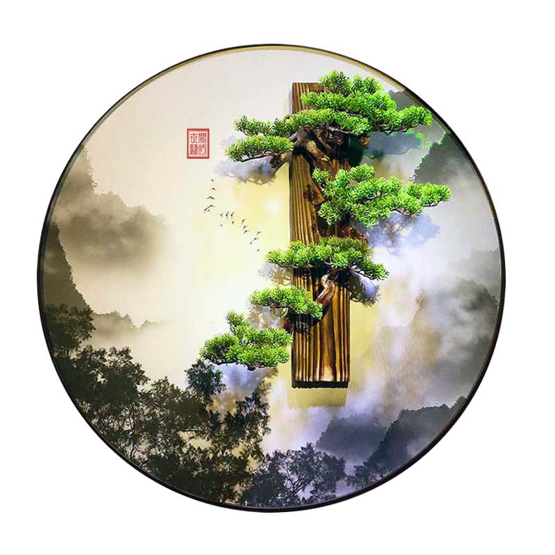 极速新中式圆形招财n迎客松立体装饰油画中国风客厅玄关背景墙山图片