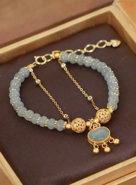 极速现货平安福锁仿天然翡翠福锁绣球双链叠戴古风精Y致手錬女闺