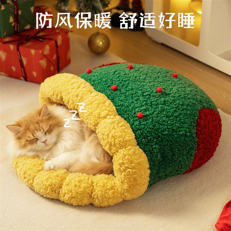 圣诞猫窝冬季新型保暖半封闭式猫屋猫睡袋深度睡眠可钻隧道被子窝