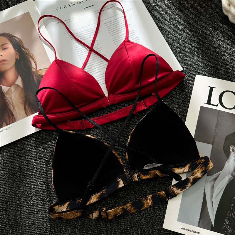 豹纹细肩带内衣女法式缎面三角杯美背内搭外穿前扣小胸聚拢胸罩罩