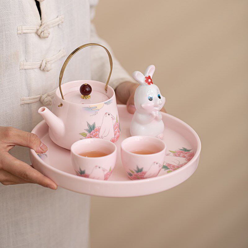 卡通玉兔陶瓷提梁壶功夫茶杯茶具套装家用干泡茶盘一壶四杯小套组