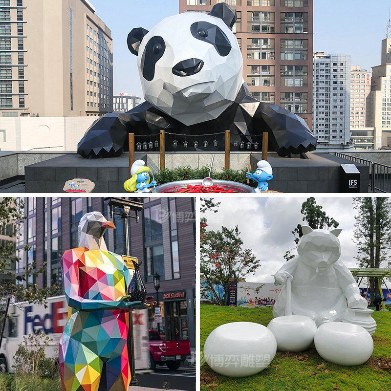 不锈钢几何动物雕塑定制大型镂空发光切面网红熊鹿兔子长颈鹿摆件
