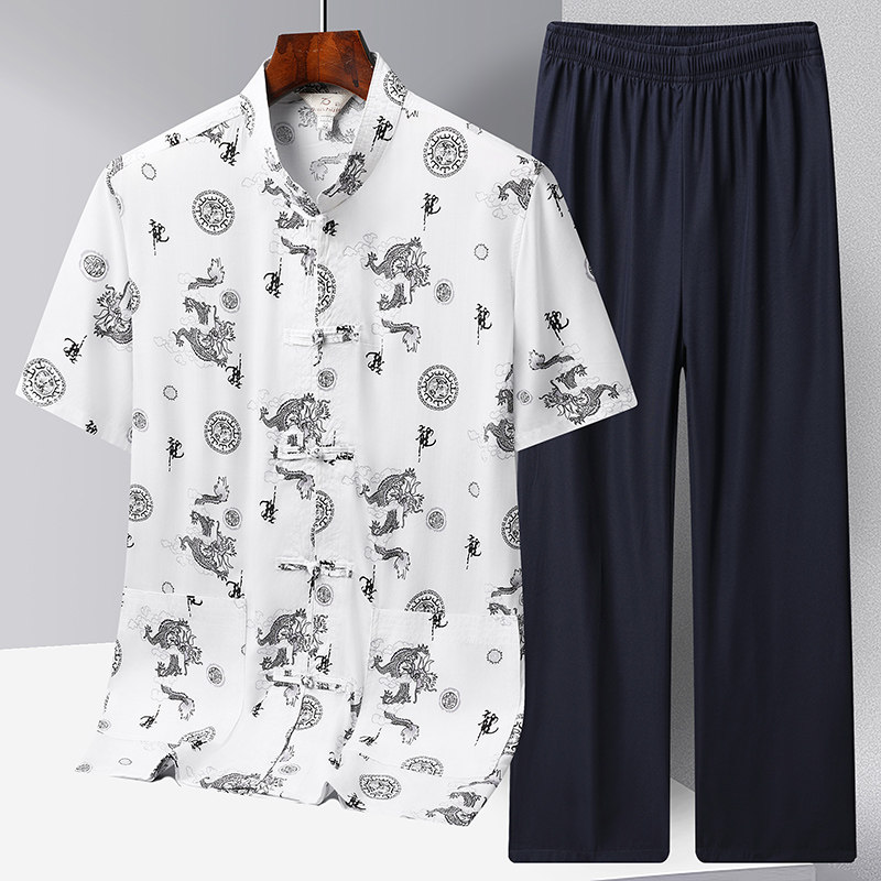 夏季中老年人男棉绸短袖衬衫套装唐装中I山装大码休闲爸爸装汉服,男装,唐装,淘宝优惠券,粉丝福利购,淘宝优惠卷