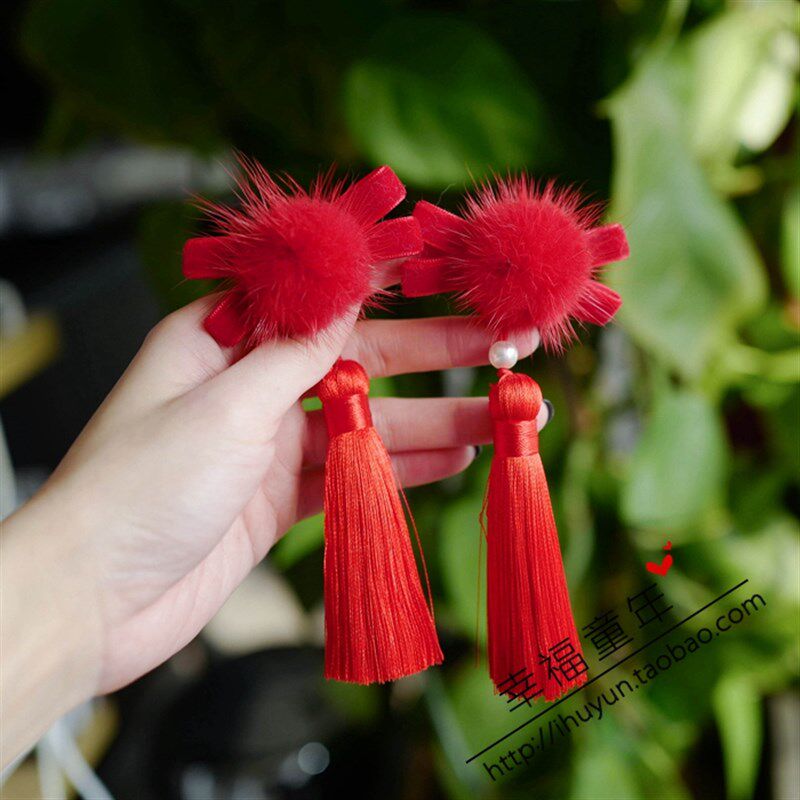 包邮好品质貂毛流苏新年款发夹儿童汉服唐M装配饰女童边夹发卡头