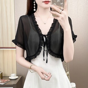 雪纺R披肩仙女外套开 小坎肩夏季 吊带连衣裙外搭罩衫 黑色百搭短袖