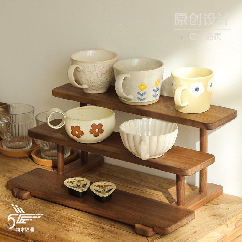 黑胡桃色桌面置物架实木茶具陶瓷杯咖啡J吧台用具杯子咖啡角架子
