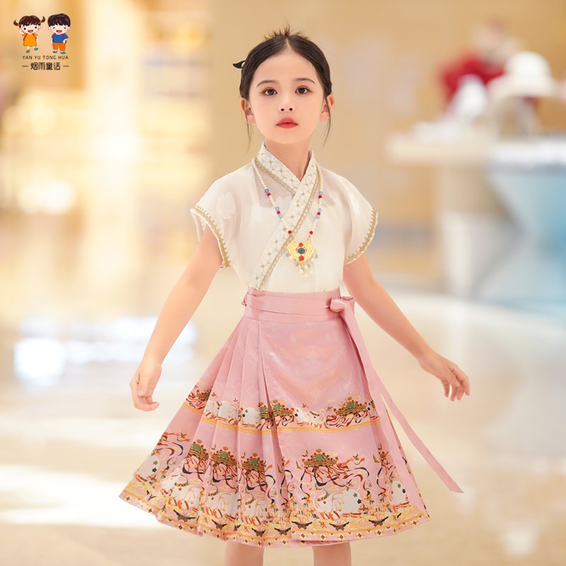 马面裙儿童粉色短款夏改良汉服新中式H唐装中国风旅游拍照摄影日
