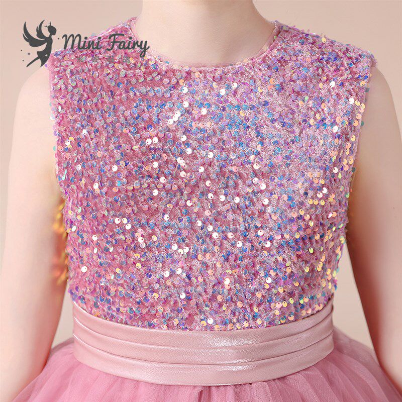 女童钢琴演出服主持人比r赛小女孩花童公主裙粉色亮片短款新蓬蓬