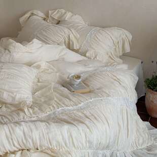 皱法式公主少件风女心粉色全棉双层皱纱床上用品四套花边RYH款被