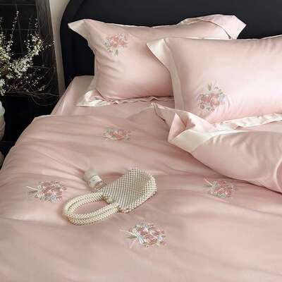 奢唯美少女粉花卉刺绣超柔100支被YLS-2025长绒床棉套轻床单四件