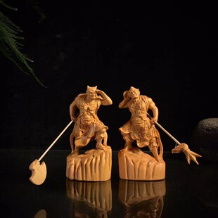 崖像柏木雕千56眼里顺风耳法神摆件一对哼哈二将左右护家居工艺品