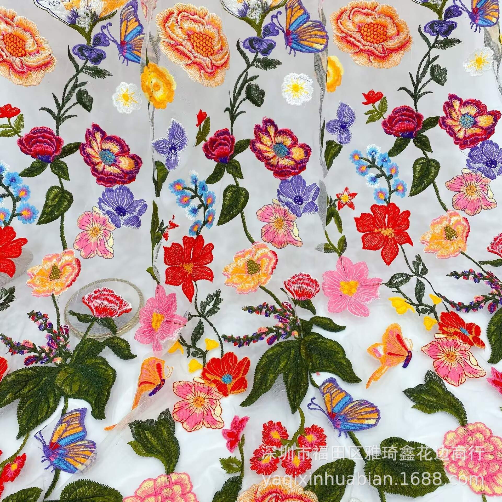 立体花新品多色绣花网纱刺绣面料双色多色刺绣面料彩色花边面料