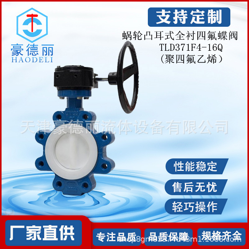 豪德丽蜗轮凸耳式全衬四氟蝶阀 LTD371F416Q耐海水无销板LT型包邮