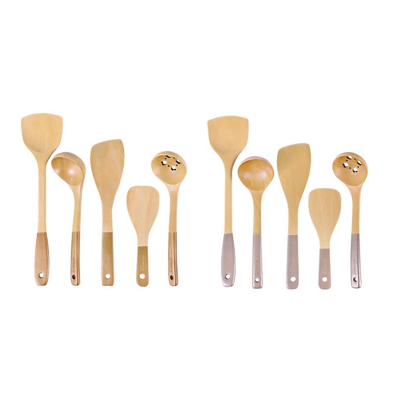 现代简约卡罗木喷漆彩柄烹饪勺铲不粘锅木铲长柄带孔厨具家用套装