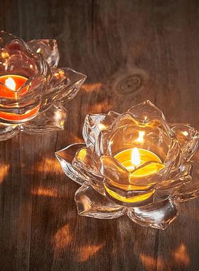 家用水晶莲花酥油灯座耐热长明灯蜡烛座烛台摆件佛像手工制作