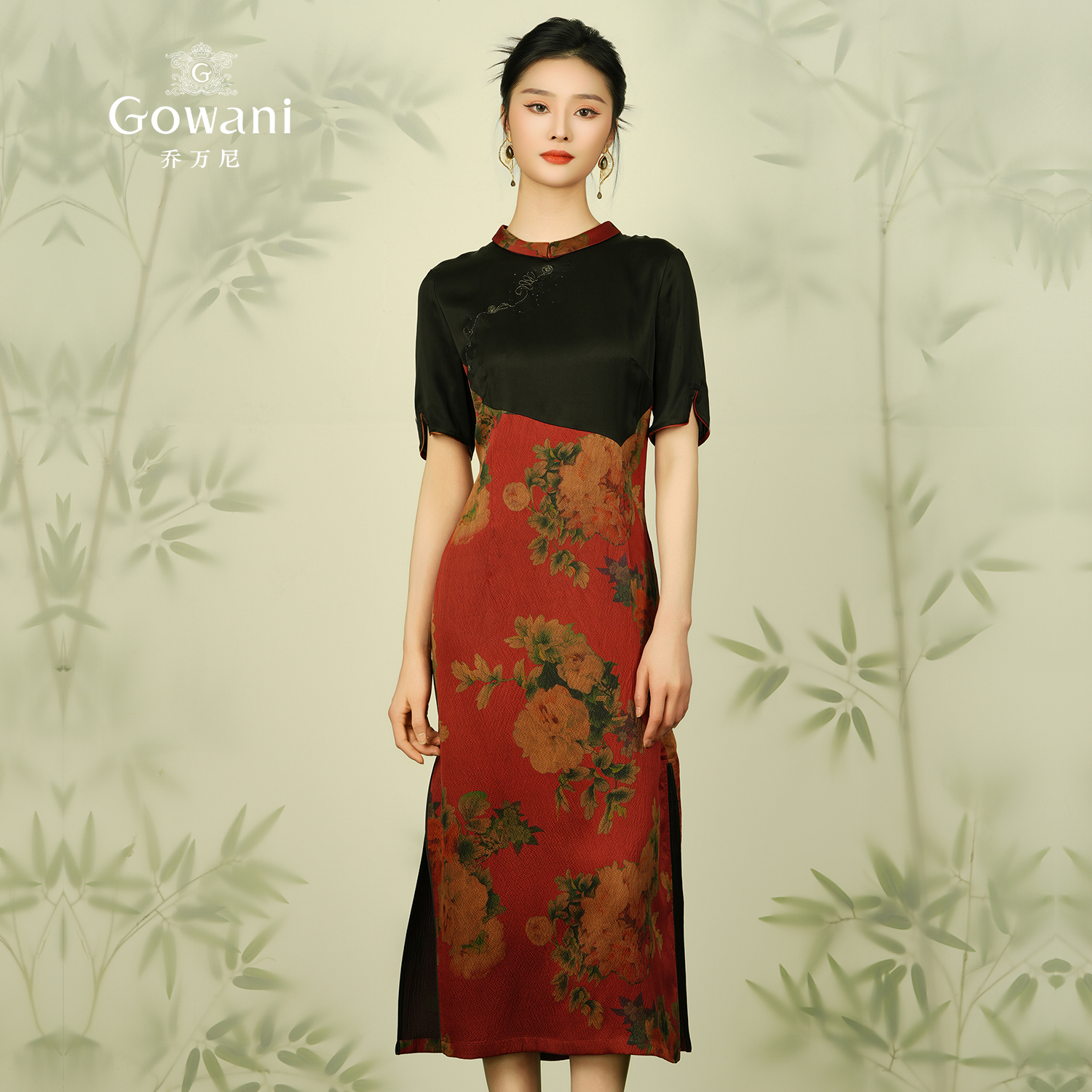 Gowani商场同款2025新款真丝连衣裙女中长款香云纱气质拼接设计