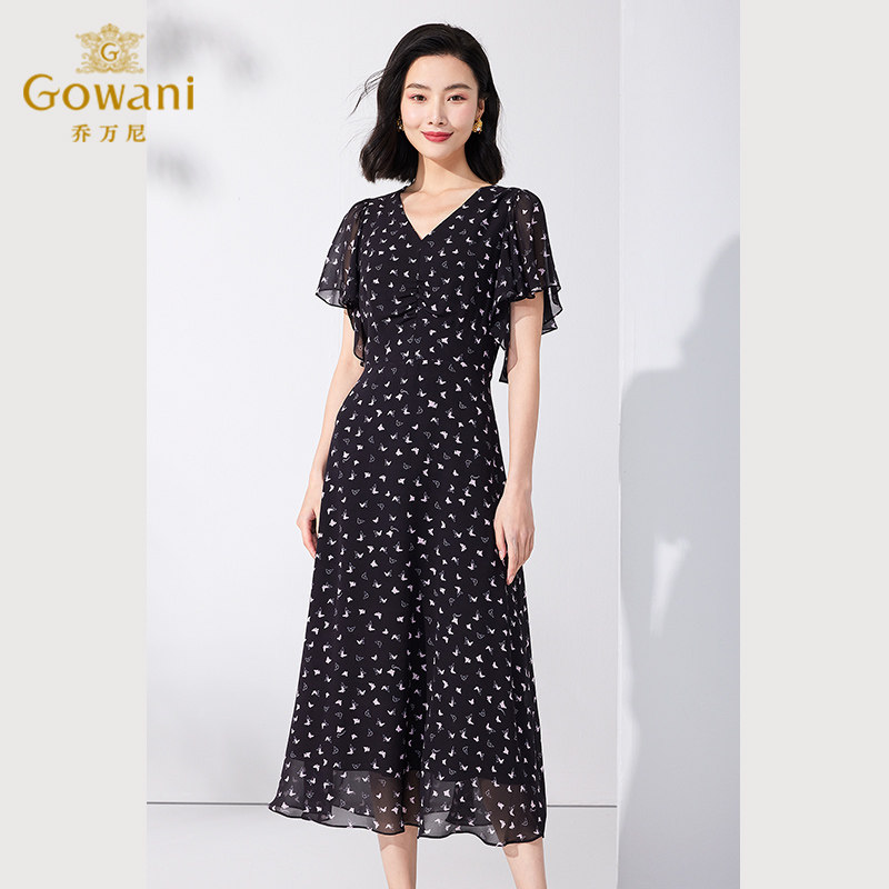 乔万尼真丝连衣裙2025夏季女士长裙V领修身气质高级感ET2E218501