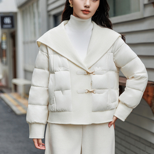 原创大翻领呢料拼接时尚气质金属链扣防风保暖插袋90绒短款羽绒服