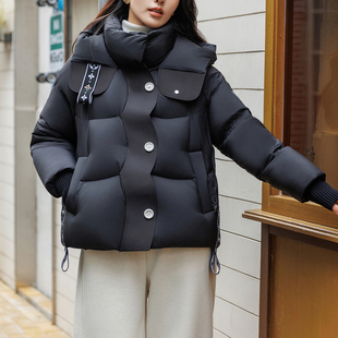 厂家直销亮光涂层面料防风防水波浪压胶立领气质90绒短款羽绒服