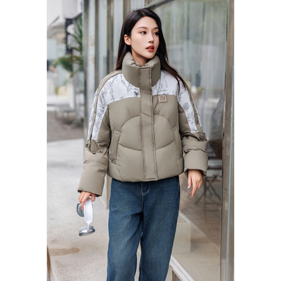 女款羽绒服2025新款撞色印花时尚拼接显瘦防风原创短款90羽绒短款