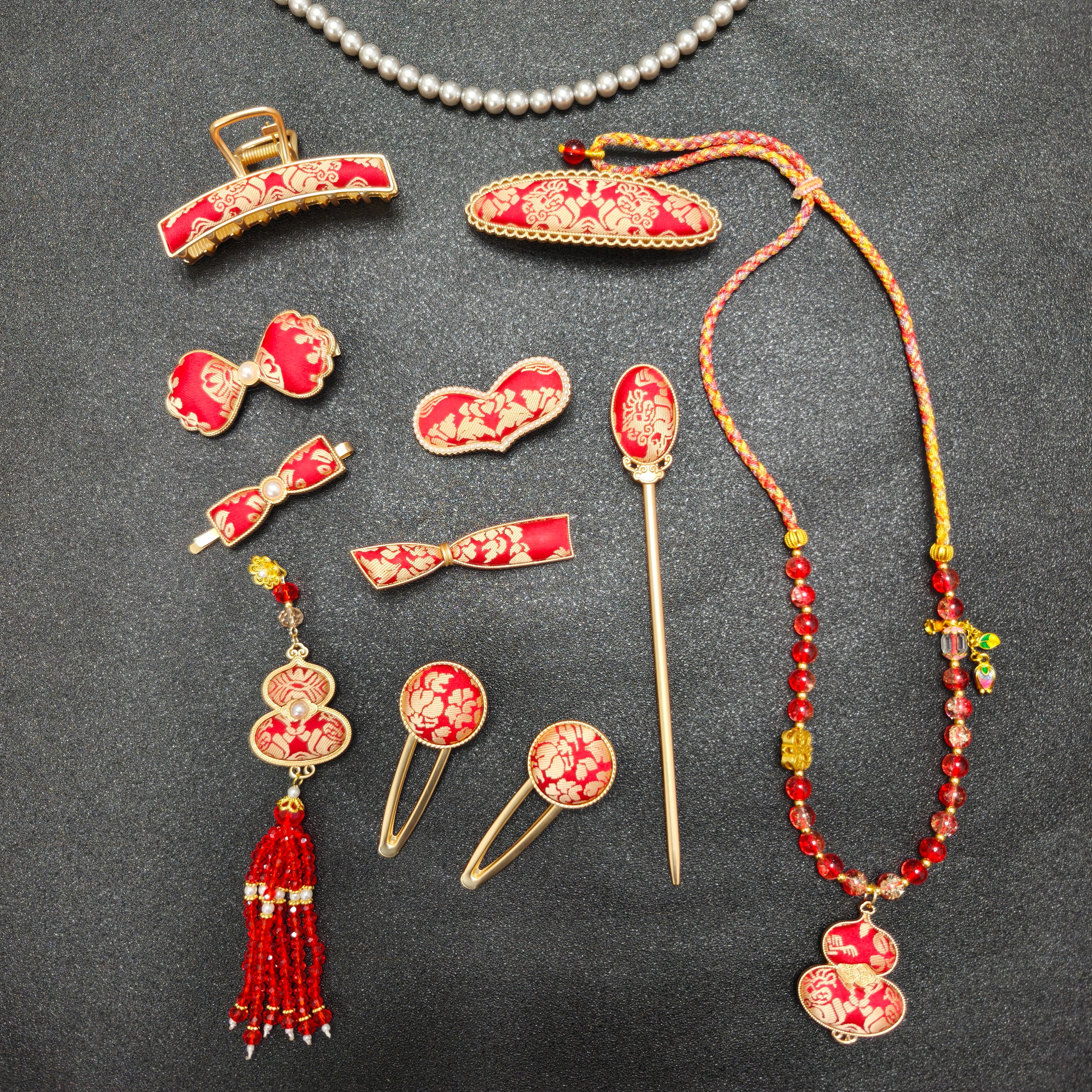 【上久楷-红色宝相花】名家宋锦手工发夹结婚礼品套装抓夹发簪