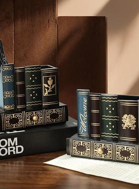 美式复古木质创意笔筒个性多功能假书桌面收纳盒时尚家居书房摆件