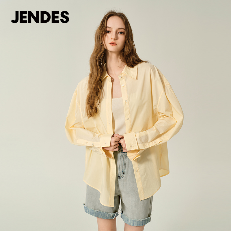 JENDES春夏新品女士小清新风甜美休闲长袖衬衫简约宽松轻薄上衣