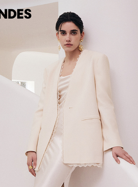 JENDES 秋季新款女士轻奢高定蕾丝花边西装外套时尚气质上衣