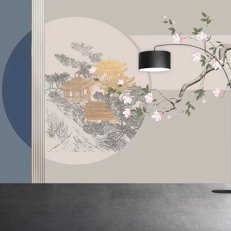 中式手绘银杏叶花鸟亭台楼阁壁布电视背景墙壁纸客厅书房茶室墙纸