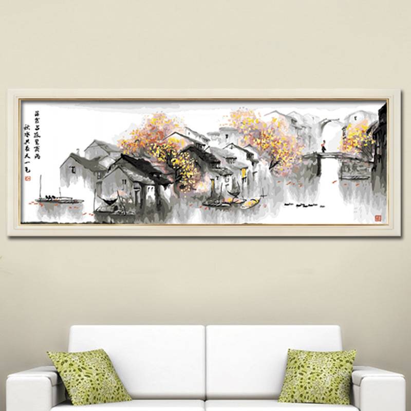 数字油画 茶室书房手绘中国风装饰油画手工客厅沙发背景挂画图片