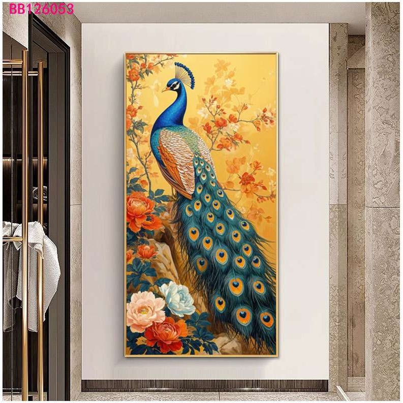 孔雀玄关装饰画牡丹富贵花开新中式挂画酒店走廊过道壁画客厅墙画图片