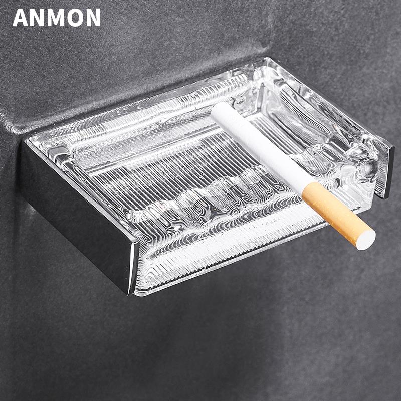 Anmon挂壁式酒店不锈钢烟灰缸挂墙可活动易清洗玻璃烟灰缸挂件