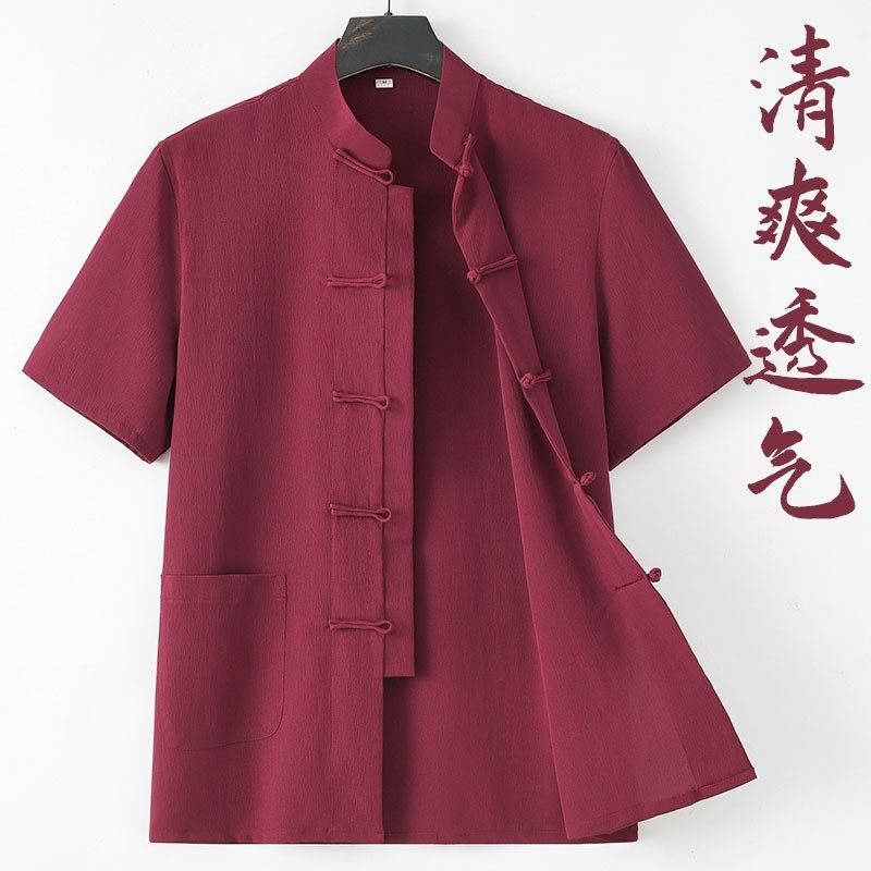 唐装男款夏季短袖l上衣中国风新中式免烫盘扣工作服男薄款抗皱衬