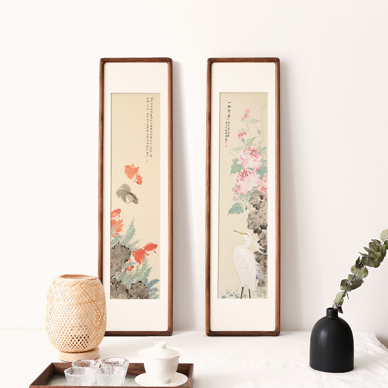 新中式装饰画竖版条屏玄关u画花鸟金鱼茶室柱子卷轴客厅卧室挂画