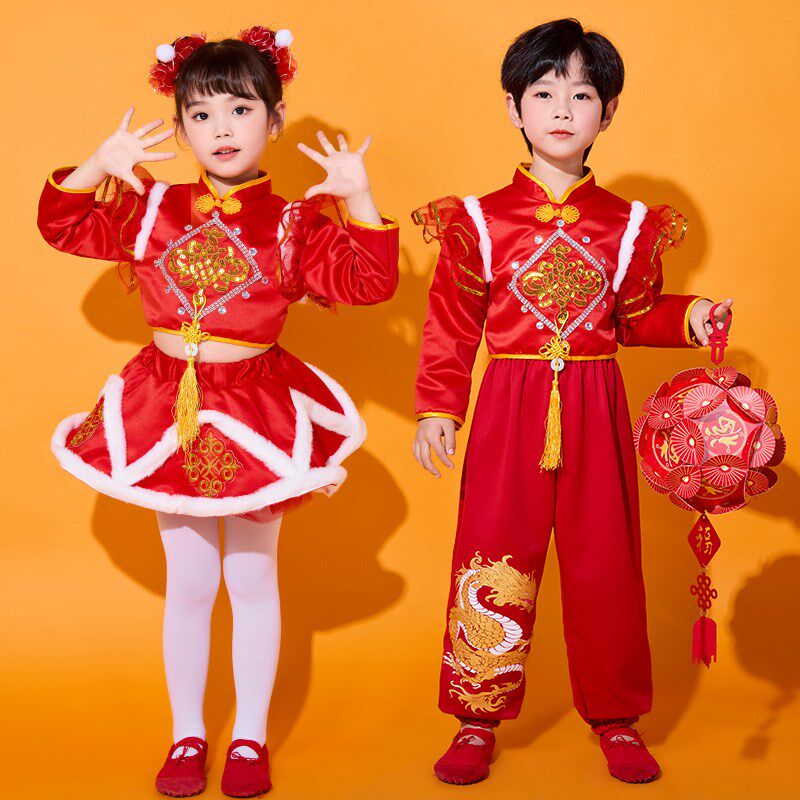 儿童喜庆演出服中国m风秧歌服架子鼓开门红灯笼舞蹈表演服装女春