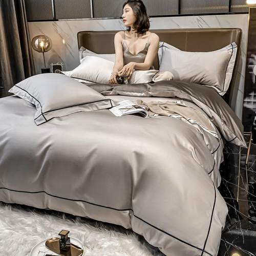 60支长绒棉贡缎纯棉床单四件套夏季全棉被套纯色简约北欧风外贸