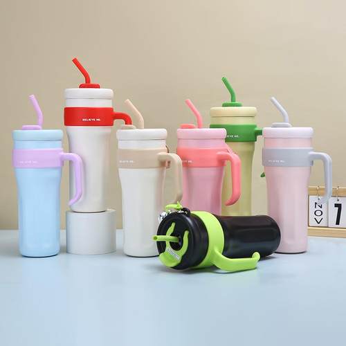 大容量手柄汽车杯居家办公双饮吸管杯大容量316不锈钢保温杯