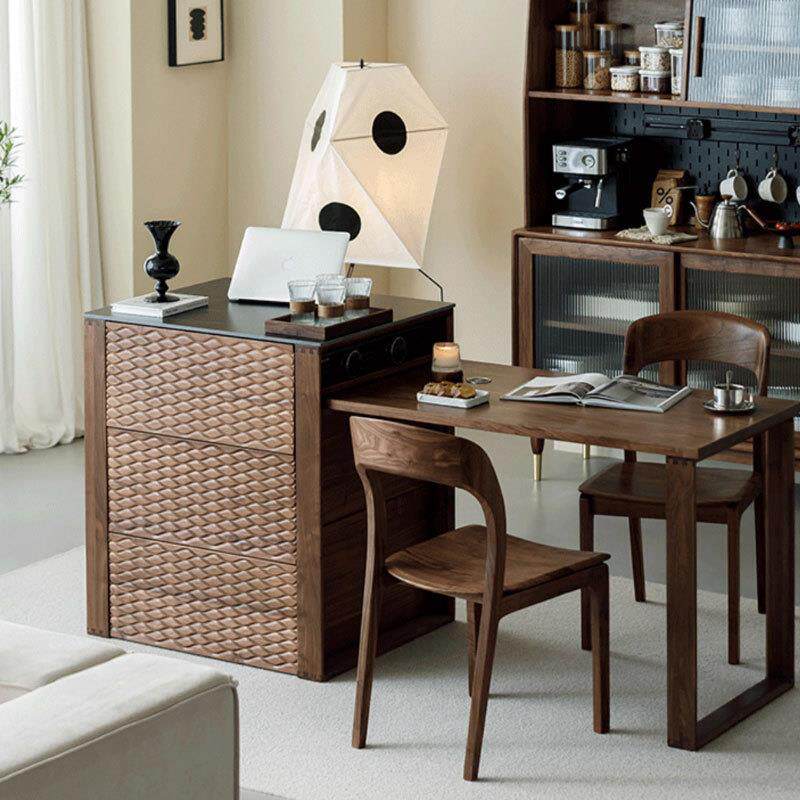 北美黑胡桃木实木岛台餐桌一体可伸缩家用岩板中岛台厨房吧台家具