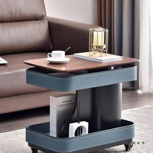 实木升降茶几可移动边几客厅边柜意式极简小推车马鞍皮沙发边桌