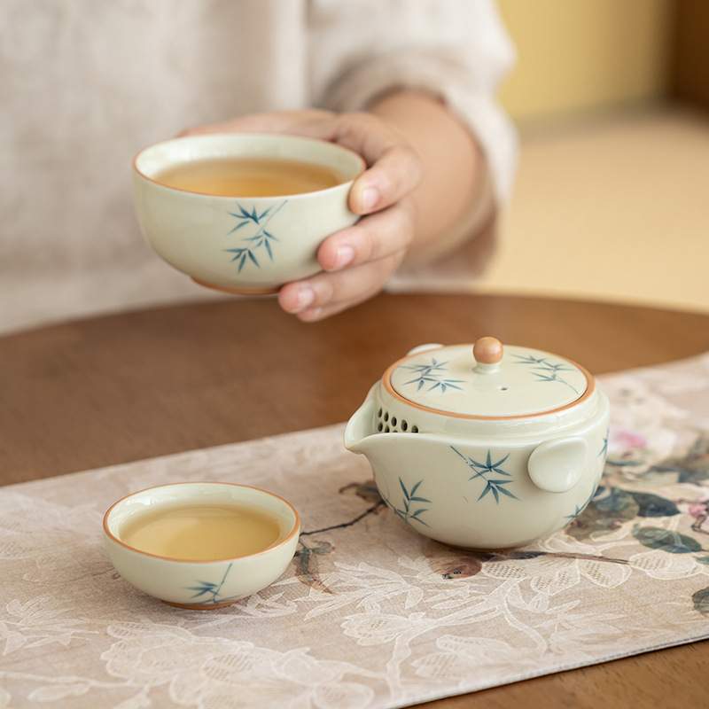 冰台釉手绘竹叶快客杯一壶两杯便携旅行茶具户外随身陶瓷茶具套装