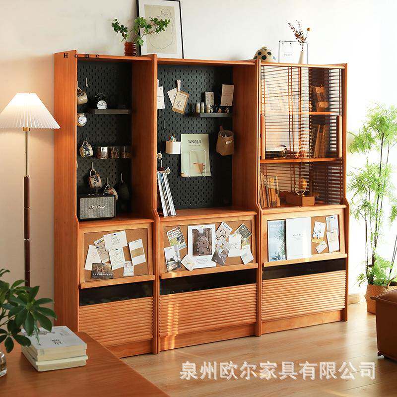 北欧实木书柜书架客厅多功能洞洞板展示柜书房落地玻璃组合柜